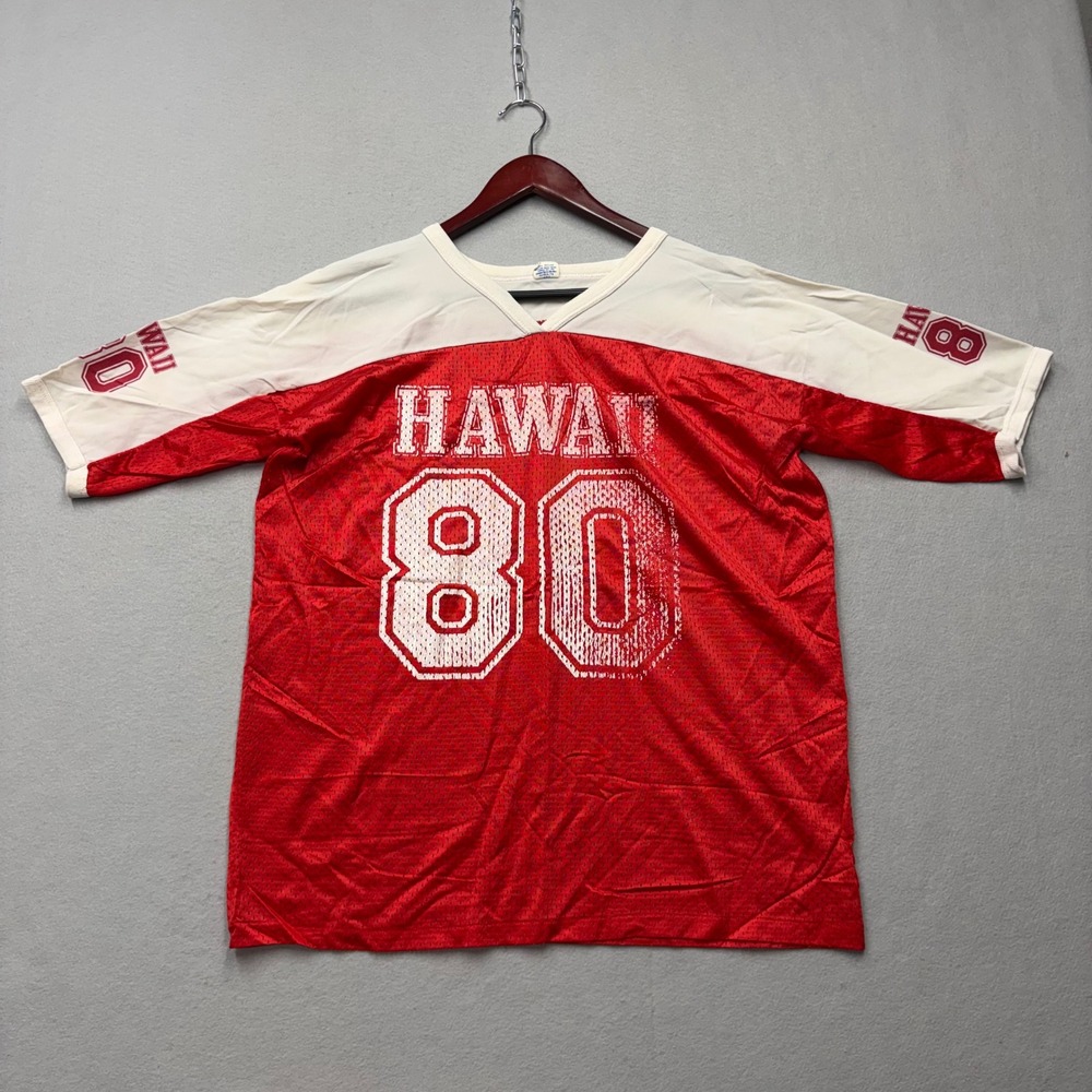 Vintage 70s Hawaii 80 Football Jersey Mens XL Red Mesh Distressed V-Neck